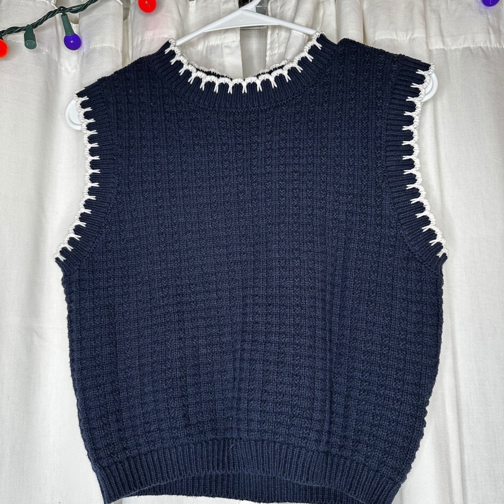 Moon & Madison Navy‎ Blue Knit Sweater Vest White Trim Size S Coquette Preppy